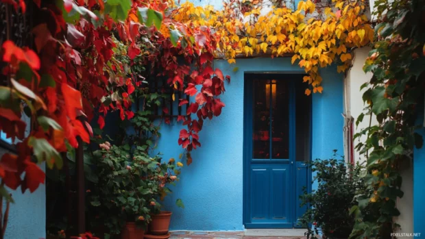Vibrant leaves decorating a pretty quiet courtyard.