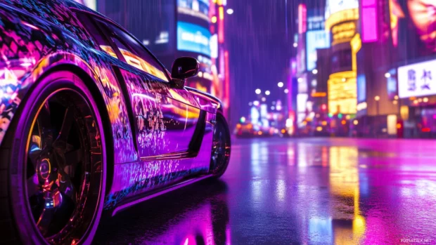 Vibrant neon car lights, colorful patterns reflecting, neon street, glowing background billboards streetlights.