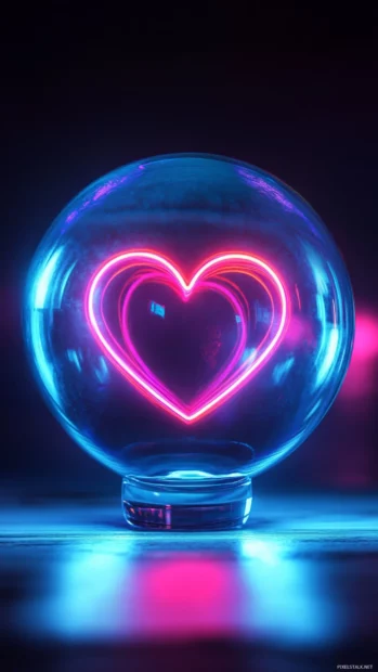 Vibrant neon heart floating inside glass sphere.