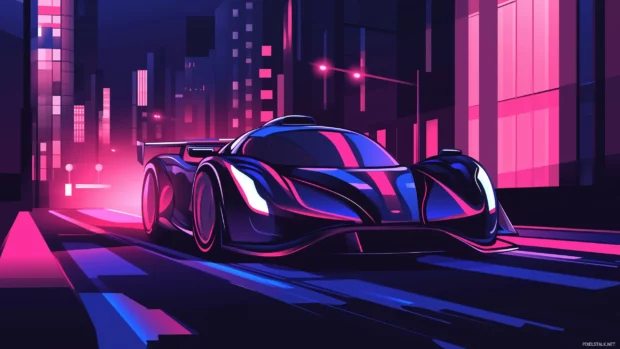 Vibrant neon lights illuminate a sleek neon sports car with glowing electric blue and red accents, motion blur effects on a dark city street.