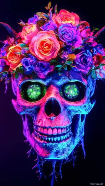 Vibrant neon skull head, Vibrant neon skull crowned with thorny roses.