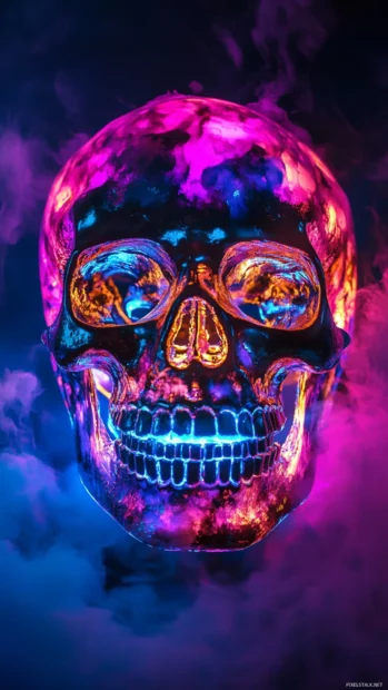 Vibrant neon skull mask lost in mist.