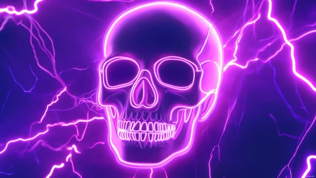 Vibrant neon skull surrounded by electric sparks, Aesthetic neon skull background.