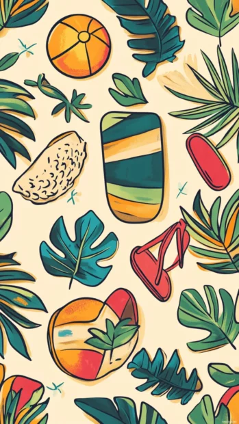 Vibrant pattern of summer doodles like beach balls, flip flops, and palm leaves for iPhone.