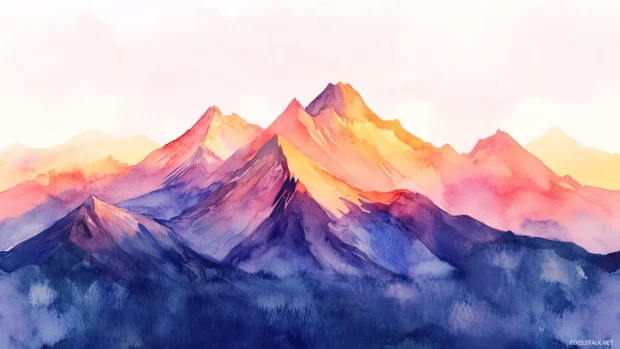Vibrant peaks bathed in sunset hues, captured in a beautiful watercolor desktop wallpaper with mountains.