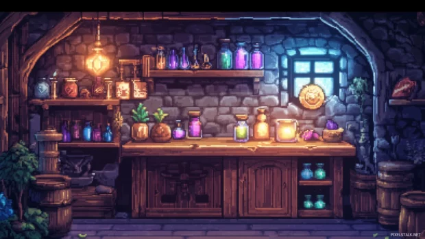 Vibrant pixelated dungeon crawler wallpaper, glowing potions, pixel art treasures, retro UI overlay, retro style.