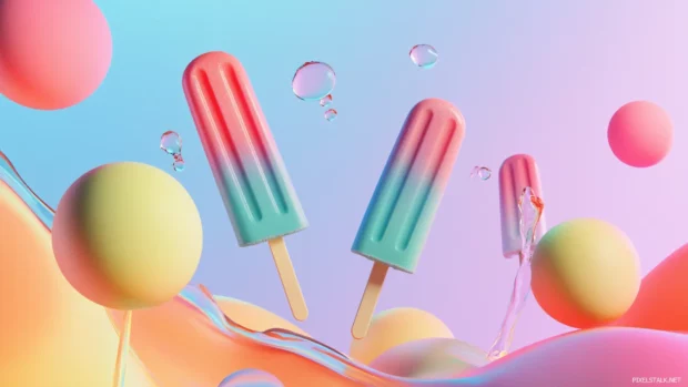 Vibrant popsicle shapes floating on pale summer gradients.
