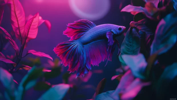 Vibrant purple blue betta fish, peacefully swimming, aquatic plants, soft light filtering.