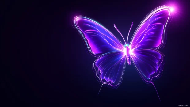 Vibrant purple neon butterfly, glowing wings, floating, dark minimalist background, soft striking contrast.
