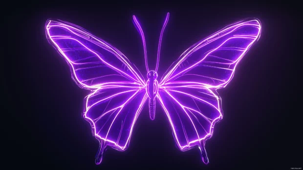 Vibrant purple neon butterfly with glowing wings, floating gracefully against a dark, minimalist background.