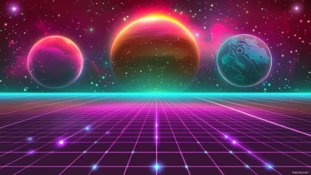 Vibrant retro futurism wallpaper in 980s space aesthetic and chrome glow.