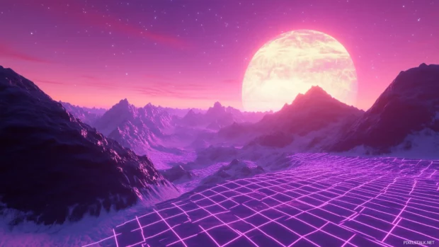 Vibrant retrowave neon grid, glowing horizon, massive pink purple sun, distant mountain range, retro style.