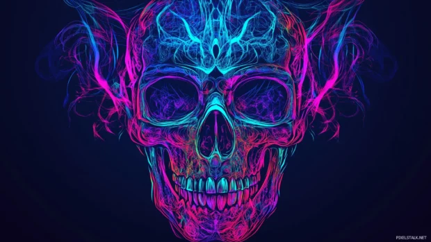 Vibrant shades of blue, pink, and purple form a striking neon skull design with glowing outlines and intricate patterns.