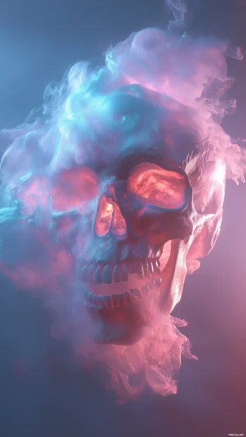 Vibrant skull, neon colors, abstract smoke, glowing accents, surreal electrifying vibe.