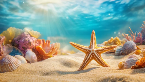 Vibrant starfish resting on a sandy ocean floor, surrounded by colorful seashells and soft coral, with the ocean light filtering down.