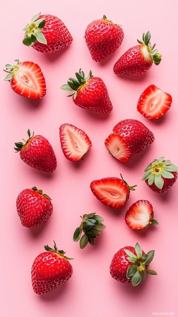 Vibrant strawberry pattern with whole fruit and slices on a soft pastel pink background.
