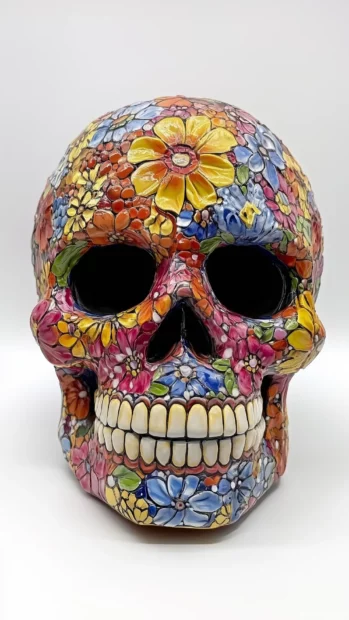 Vibrant sugar skull, floral details, traditional Dia de los Muertos theme.