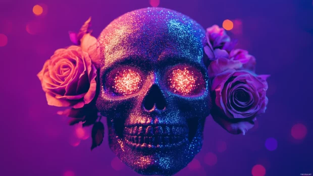 Vibrant sugar skull, roses, glitter, sparkles, purple background, high detail illustration.
