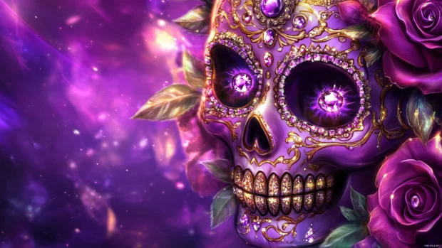Vibrant sugar skull, roses, glittering jewels, deep purples, pinks, golds, festive look.