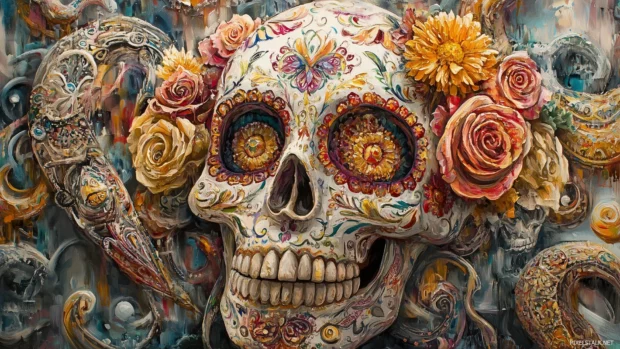 Vibrant sugar skull, roses, marigolds, paisley, Mexican patterns.