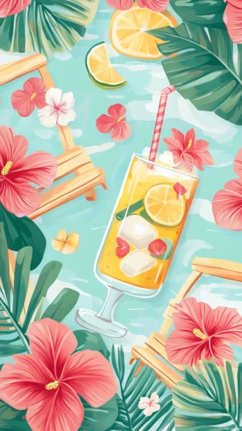Vibrant summer aesthetic patterns with hibiscus flowers, beach chairs, and tropical drinks in pastel hues.