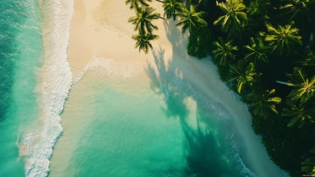 Vibrant tropical beach scene with turquoise waters, palm trees swaying in the breeze, and soft white sand.