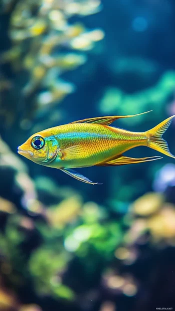Vibrant tropical fish portrait, flowing fins, graceful swimming, soft blurred underwater backdrop.