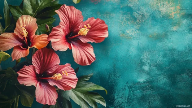 Vibrant tropical hibiscus collage on teal backdrop with grainy effects.