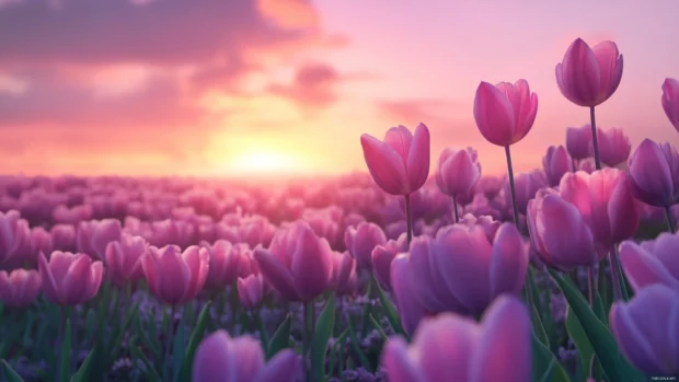 Vibrant tulip field at sunrise.