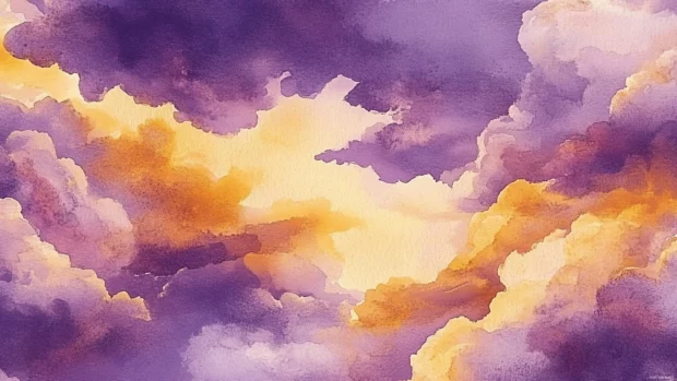 Vibrant watercolor clouds wallpaper blending purple, gold, and crimson.