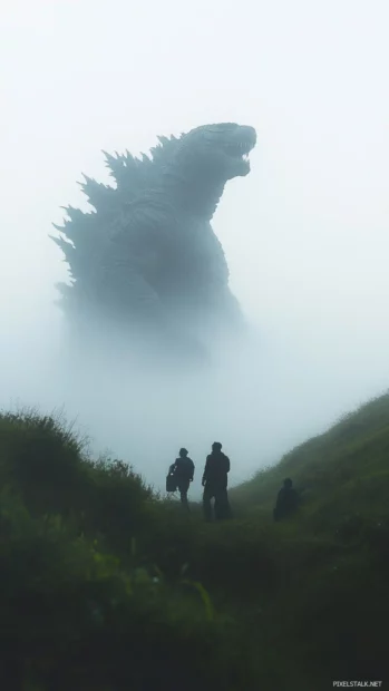 Villagers hide as Godzillas silhouette rises through misty hills.