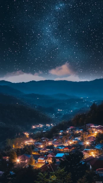 Villages slumbering beneath starry crowns.
