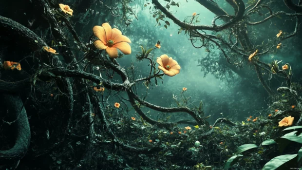 Vines and flowers growing and twisting in a fantasy animation.