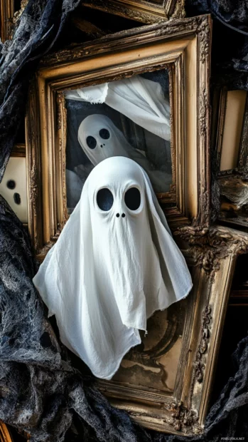 Vintage Ghost iPhone Wallpapers showing quirky ghosts peeking from antique picture frames.