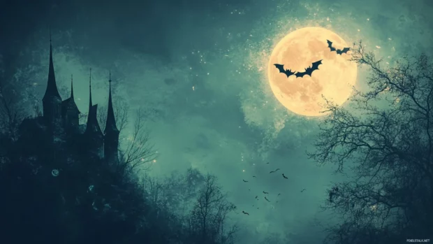 Vintage Halloween PC Wallpapers aesthetic with bats and full moon.