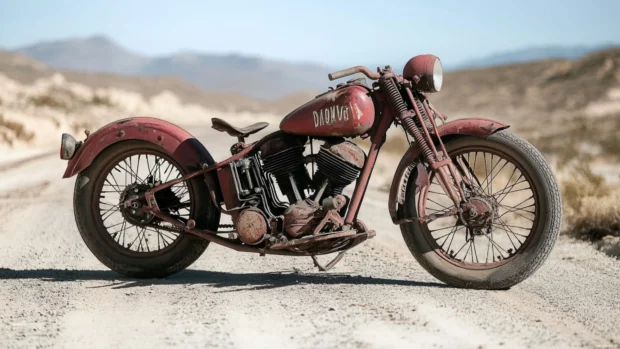 Vintage Harley Davidson bobber on desert road, perfect for Harley Davidson desktop wallpapers.