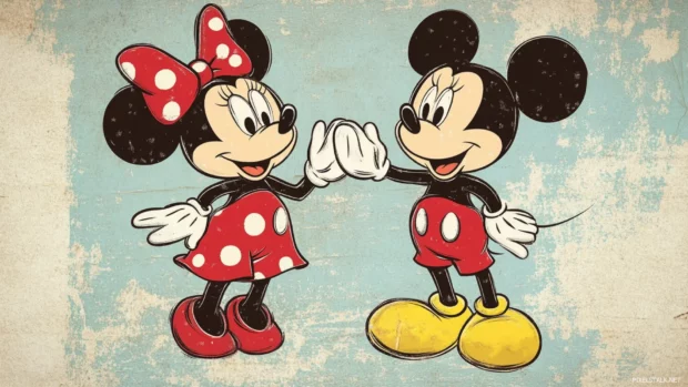 Vintage Mickey and Minnie mouse illustration showing retro outfits and classic poses.