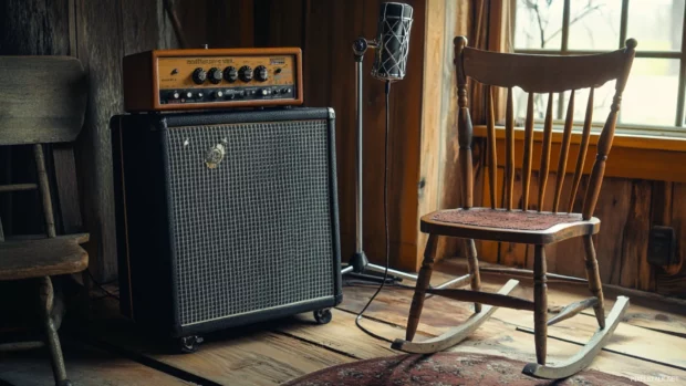 Vintage amplifier and mic beside rocking chair.