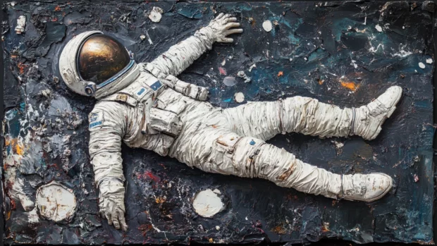 Vintage astronaut floating in an oil splattered dream.