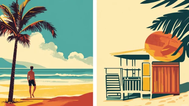 Vintage beach posters brought to life with bold colors and timeless summer spirit.