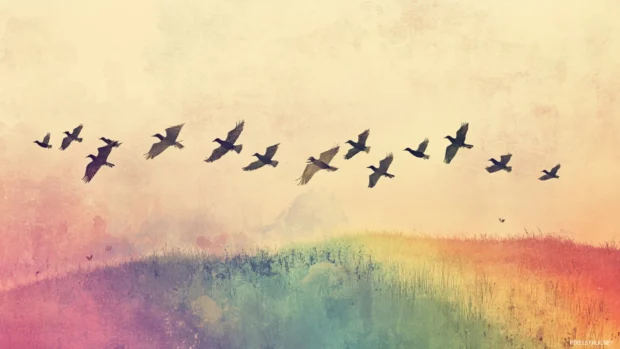 Vintage birds flying above muted rainbow trail.