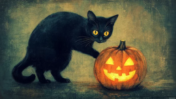 Vintage black cat arching over glowing jack o lantern.