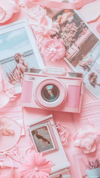 Vintage camera snapshots in a soft pink collage aesthetic for girls.