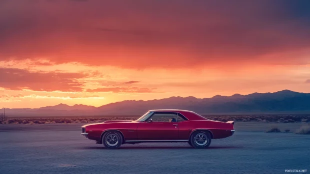 Vintage car parked in desert sunset, perfect for PC wallpapers 1920x1080 aesthetic.