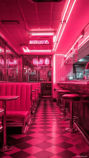 Vintage diner glowing under pink neon lights inspired by Pink neon signs wallpaper.