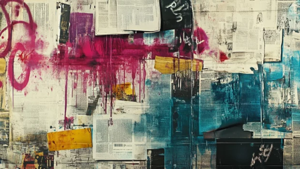 Vintage graffiti wallpapers blending hand painted slogans and aged newspaper overlays.