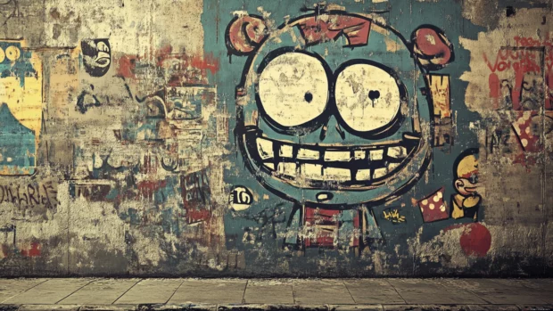 Vintage graffiti wallpapers with worn paint textures and retro cartoon figures.