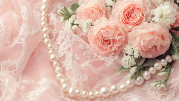 Vintage inspired pink lace and pearls arranged on a romantic setting.