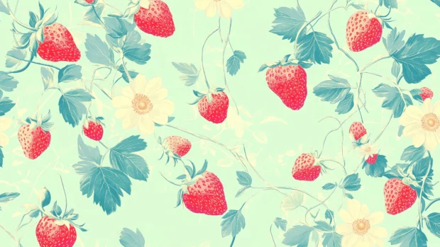 Vintage inspired strawberry pattern with soft green tones, delicate vines and floral details.