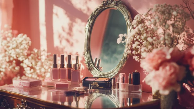 Vintage mirror and makeup scattered in a Pink Girly vanity scene.